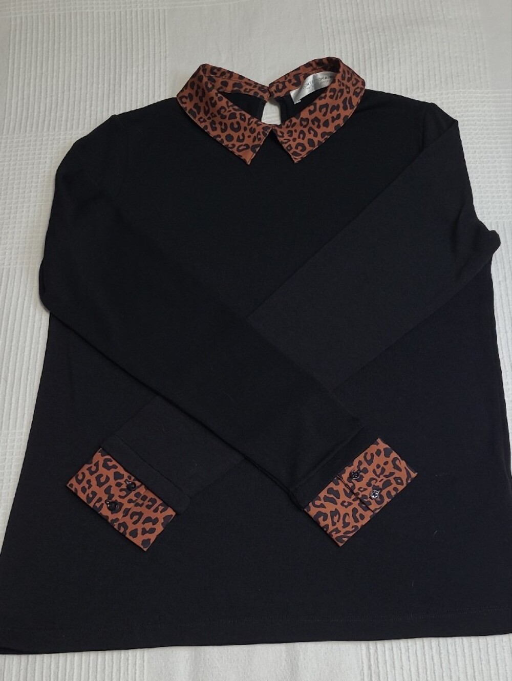 Simons Black Long Sleeve Top w/ Leopard Print Collar and Cuffs S fits M